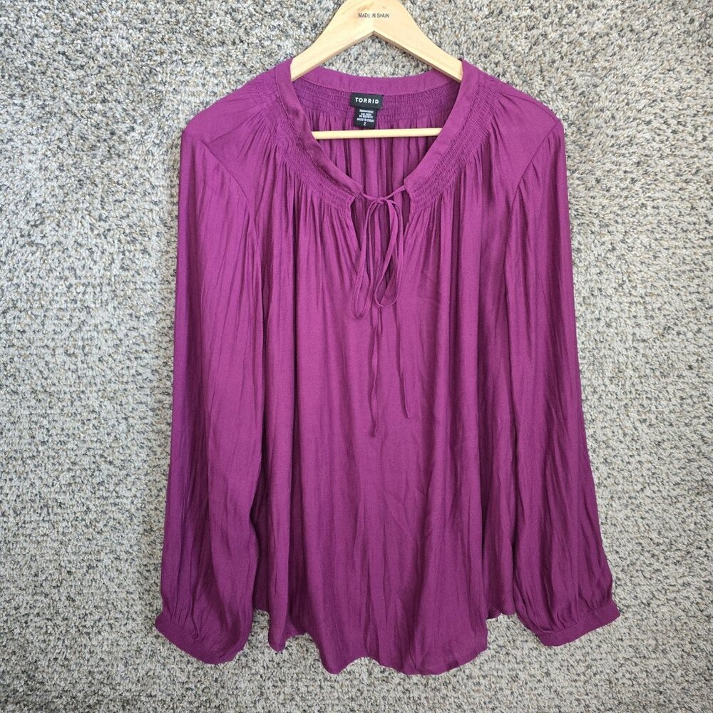 Torrid Top Womens 2 US Plus 2X Purple Sheer Peasant Blouse‎ Neck Tie Casual